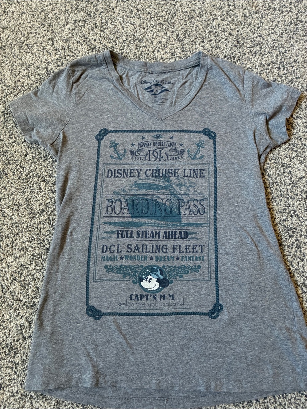 Disney Gray V‑Neck Cruise Line Tee with Navy Graphic